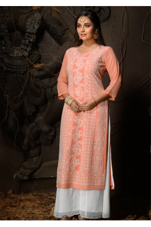 Pink Color Designer Georgette Straight Cut Kurti